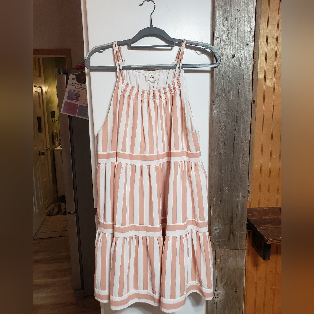 entro Blush Pink and White Striped Tiered Midi Dress